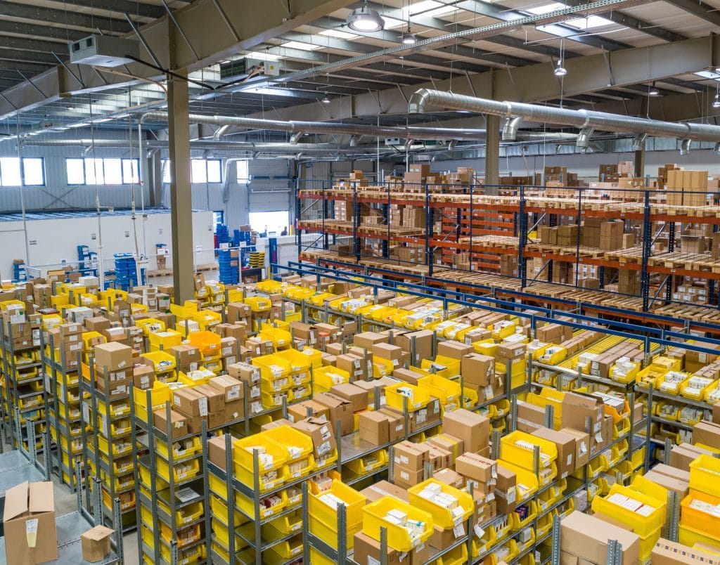 Large warehouse with racked stock